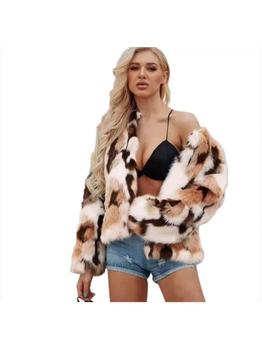Cozy Mixed Color Faux Fur Coat Jacket for Women | Stylish Autumn & Winter Wear
